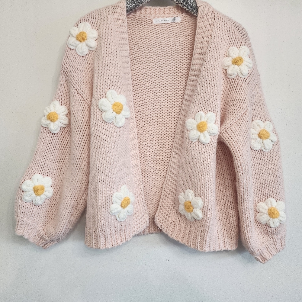 Altar'd State Pink Jenny 3D Knit Daisy Cardigan - Floral Puff - Boho Size Small - Picture 2 of 8